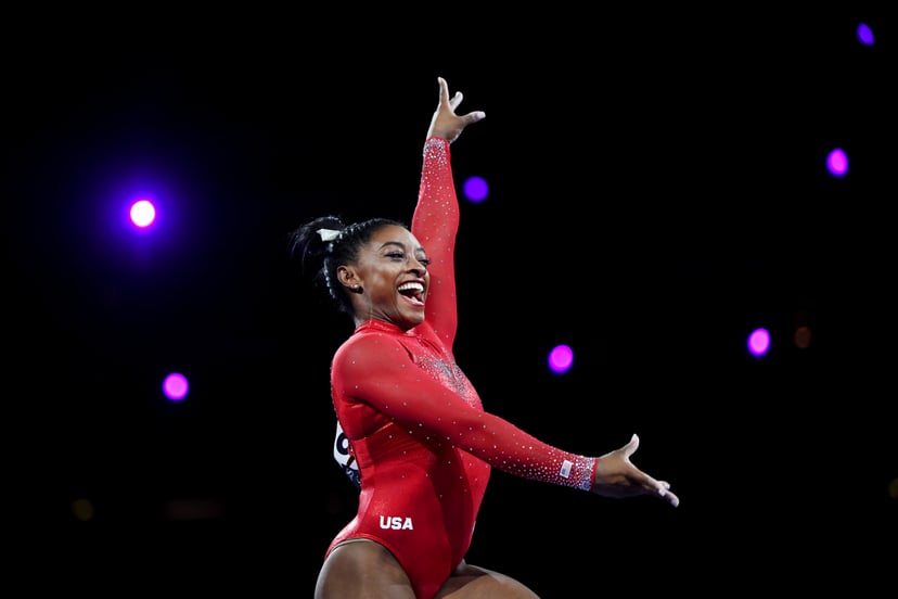 STUTTGART, GERMANY - OCTOBER 12: Simone Biles of United States reacts after her routine in Women's Vault Final in the Apparatus Finals during Day 9 of 49th FIG Artistic Gymnastics World Championships at Hanns-Martin-Schleyer-Halle on October 12, 2019 in S