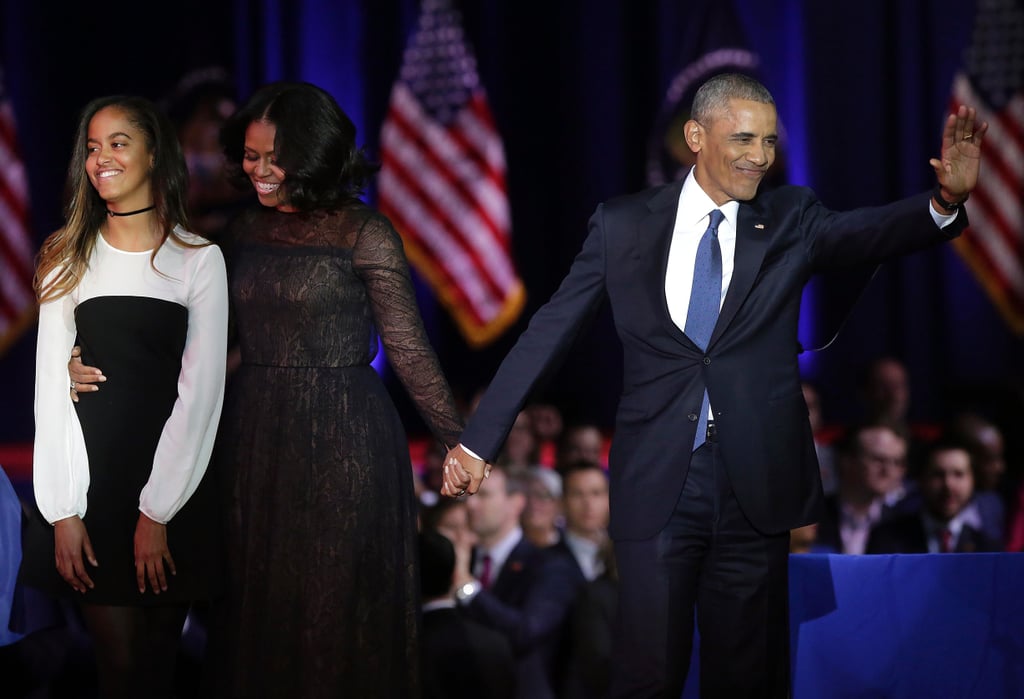 Even though Sasha couldn't make it, Malia and her mom were on hand to support Barack while he delivered his farewell speech after eight years in office in Chicago in January 2017.