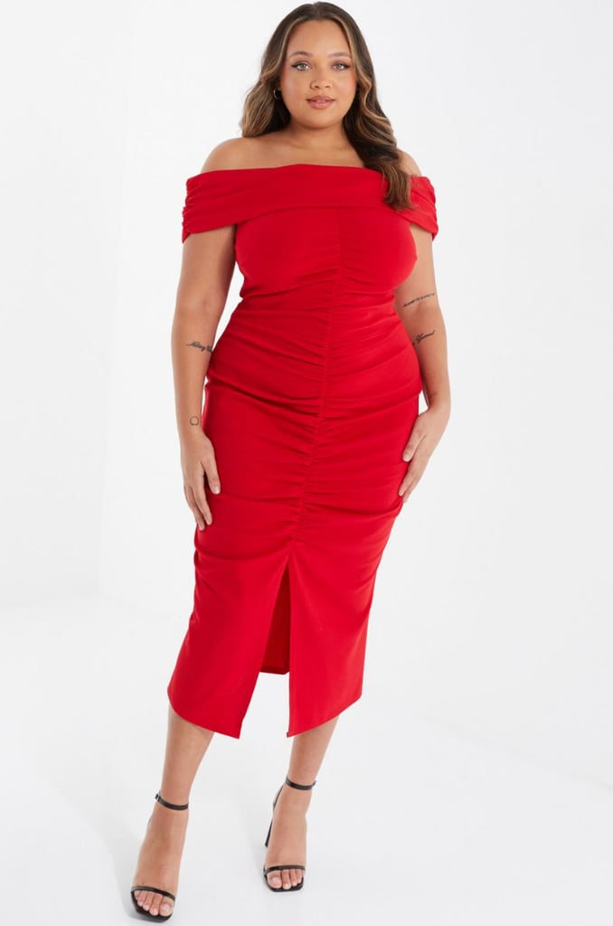 Affordable Christmas Party Dresses: Quiz Curve Red Bardot Midi Dress