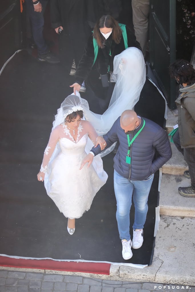 Lady Gaga's Lace Wedding Dress on the Set of House of Gucci