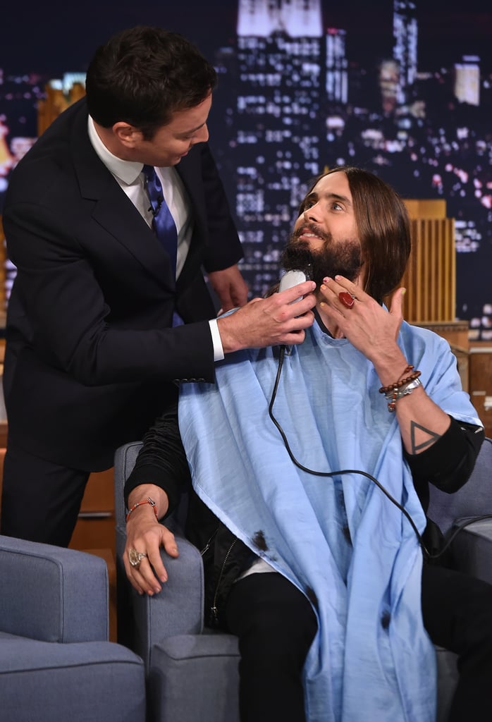 Jared Leto let Jimmy Fallon shave his beard on The Tonight Show in NYC on Wednesday.