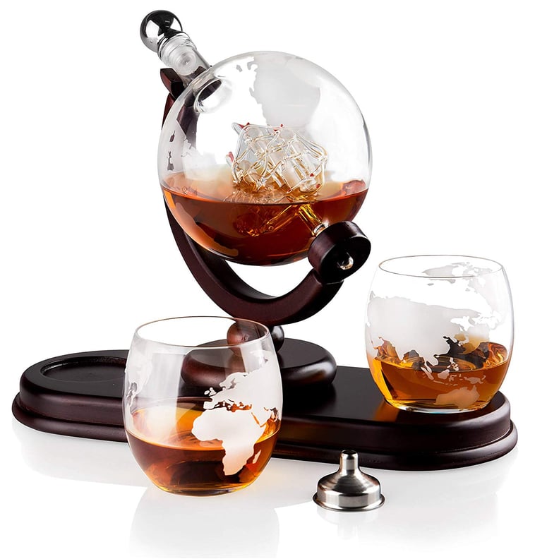 Globe Liquor Decanter Set With 2 Etched Whisky Glasses