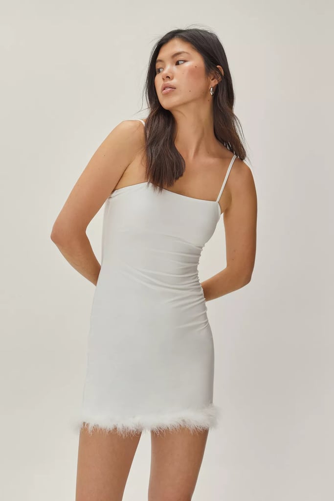 A Trendy Look: Nasty Gal Feather Trim Square Neck Mini Dress