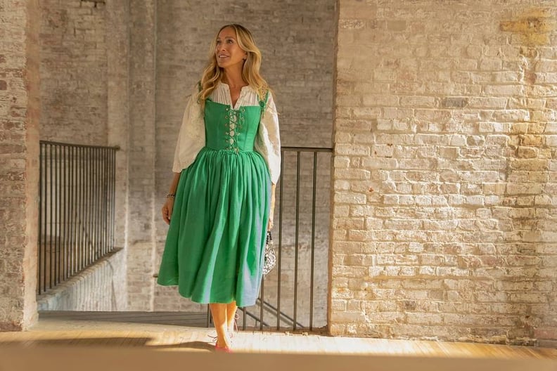 Carrie Bradshaw's Green Dress and White Shirt on "And Just Like That" Season 3, Episode 9