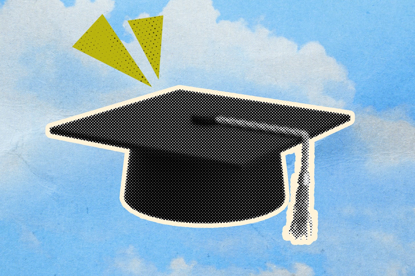 A graduation cap collaged over a blue sky