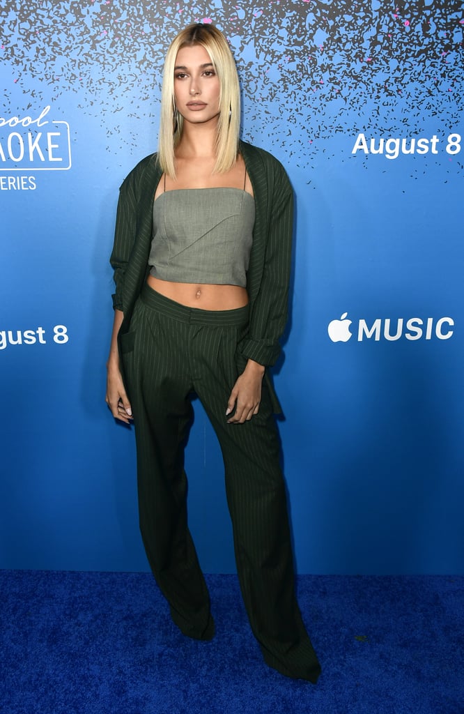 Hailey Baldwin Styled a Green Suit With a Gray Crop Top