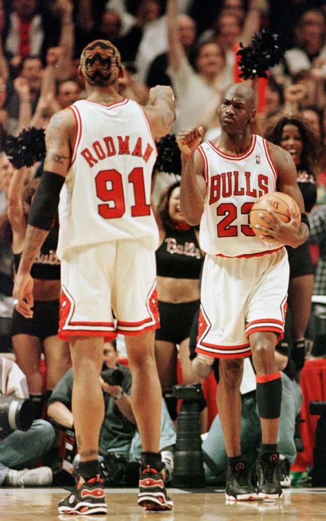 Michael Jordan and Dennis Rodman During Game 7 of the NBA Finals in 1998