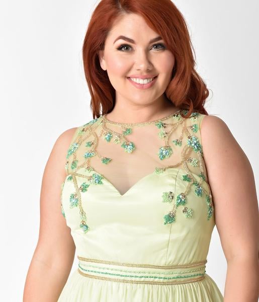 Curve Lime Green Embellished Mesh Illusion Prom Gown