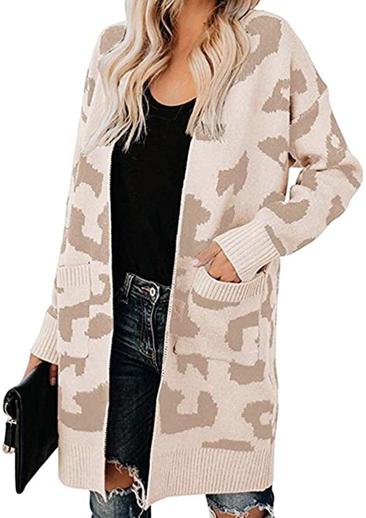 BTFBM Open-Front Leopard Knit Long Cardigan