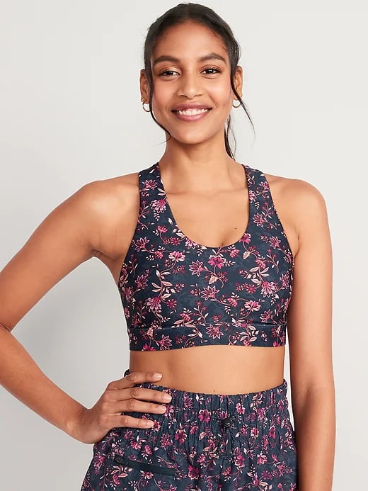 Old Navy Medium Support PowerSoft Strappy Sports Bra and High-Waisted Dolphin-Hem Shorts