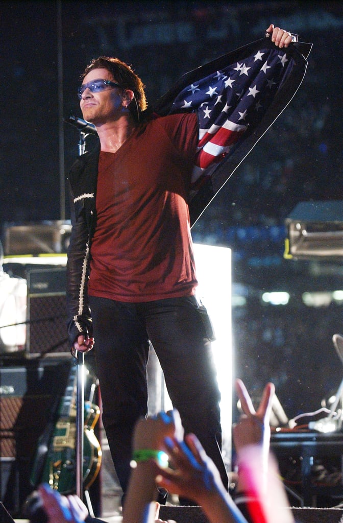 U2's Bono showed off his patriotic jacket at the Super Bowl halftime show at the Superdome in 2002.