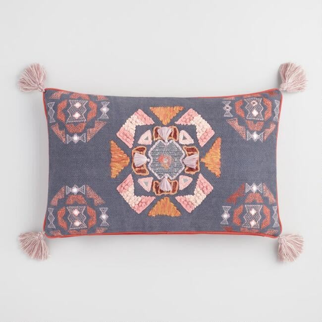 Oversized Slate and Brick Red Embroidered Lumbar Pillow
