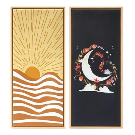 Sun and Moon Framed Canvas Wall Decor With Wood Grain Finish