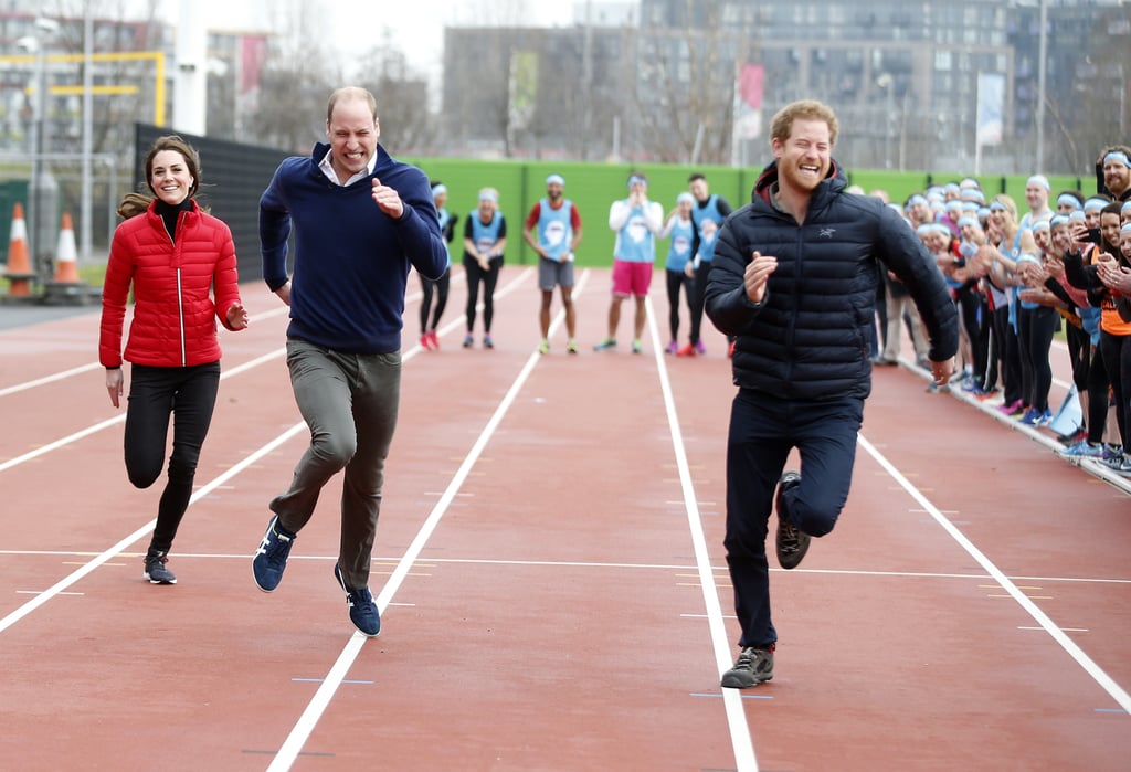 Kate, William, and Harry took part in a relay race during a training event to promote the charity Heads Together in London in February.