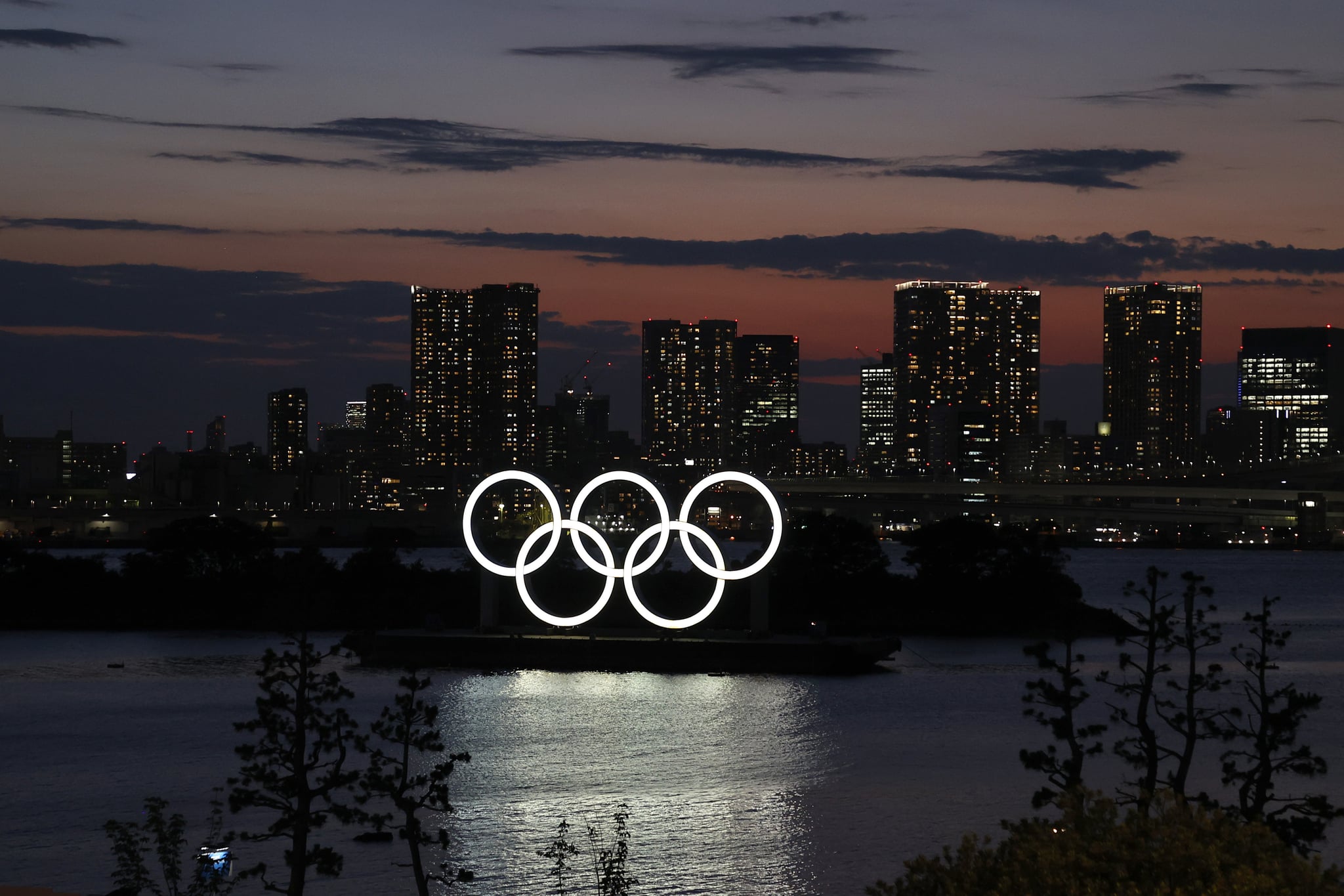 TOKYO, JAPAN - JULY 19: The Olympic Rings are displayed by the Odaiba Marine Park Olympic venue ahead of the Tokyo 2020 Olympic Games on July 19, 2021 in Tokyo, Japan. (Photo by Toru Hanai/Getty Images)