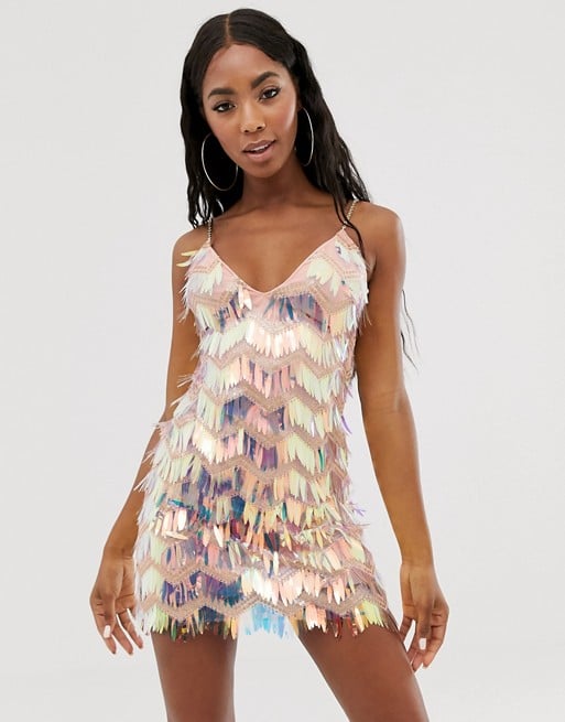 Rare London Mini Fringe Tassel Mini Dress With Chain Straps in Multi