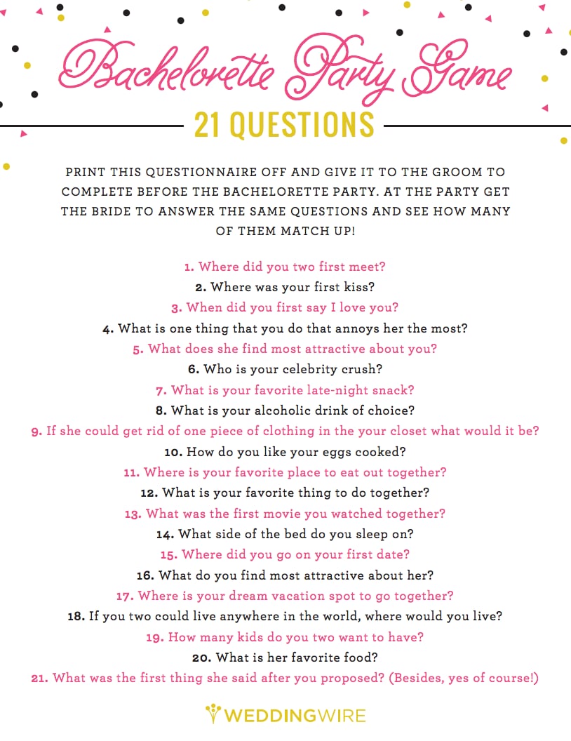 21 Questions Game | 24 Free Bachelorette Party Printables Every Bride