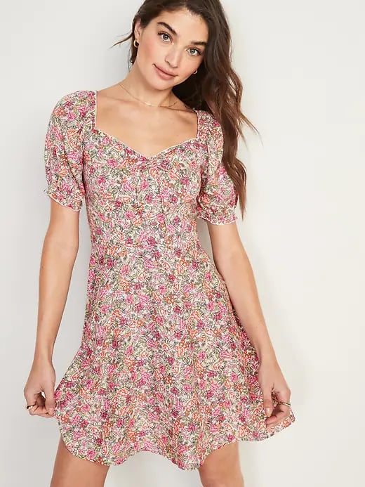 Old Navy Fit and Flare Puff-Sleeve Floral-Print Mini Dress