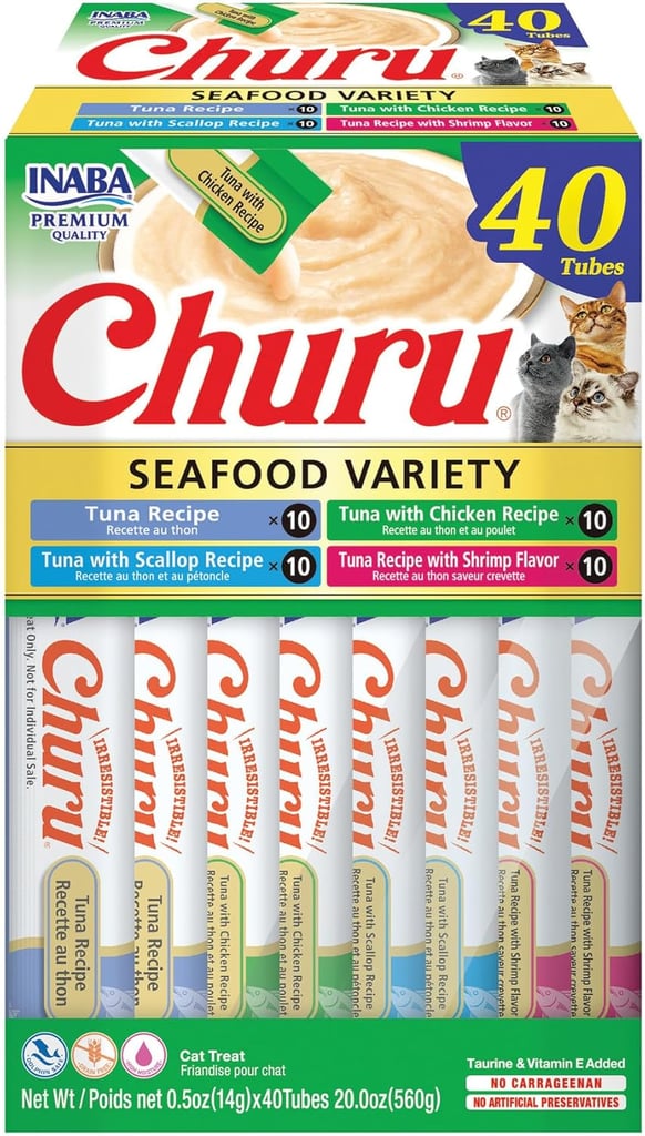 Inaba Churu Cat Treats ($27, originally $33)
"I couldn't figure out why my one cat, Kit, wasn't into treats — but it turns out she's just way more of a wet treat fan. These Churu lickables are now ordered on repeat, and while the Seafood Variety is a favorite in my household, I do like that you can switch it up for cats who have more distinctive tastes. Even my cat who previously preferred dry treats is obsessed with these packs. They're also helpful if you're trying to get your cat to digest a powdered medicine sprinkled onto their food, for example, and you need a little bit of something to mask the taste." — SW