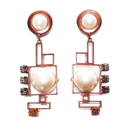 Crystalline antique copper pearl earrings