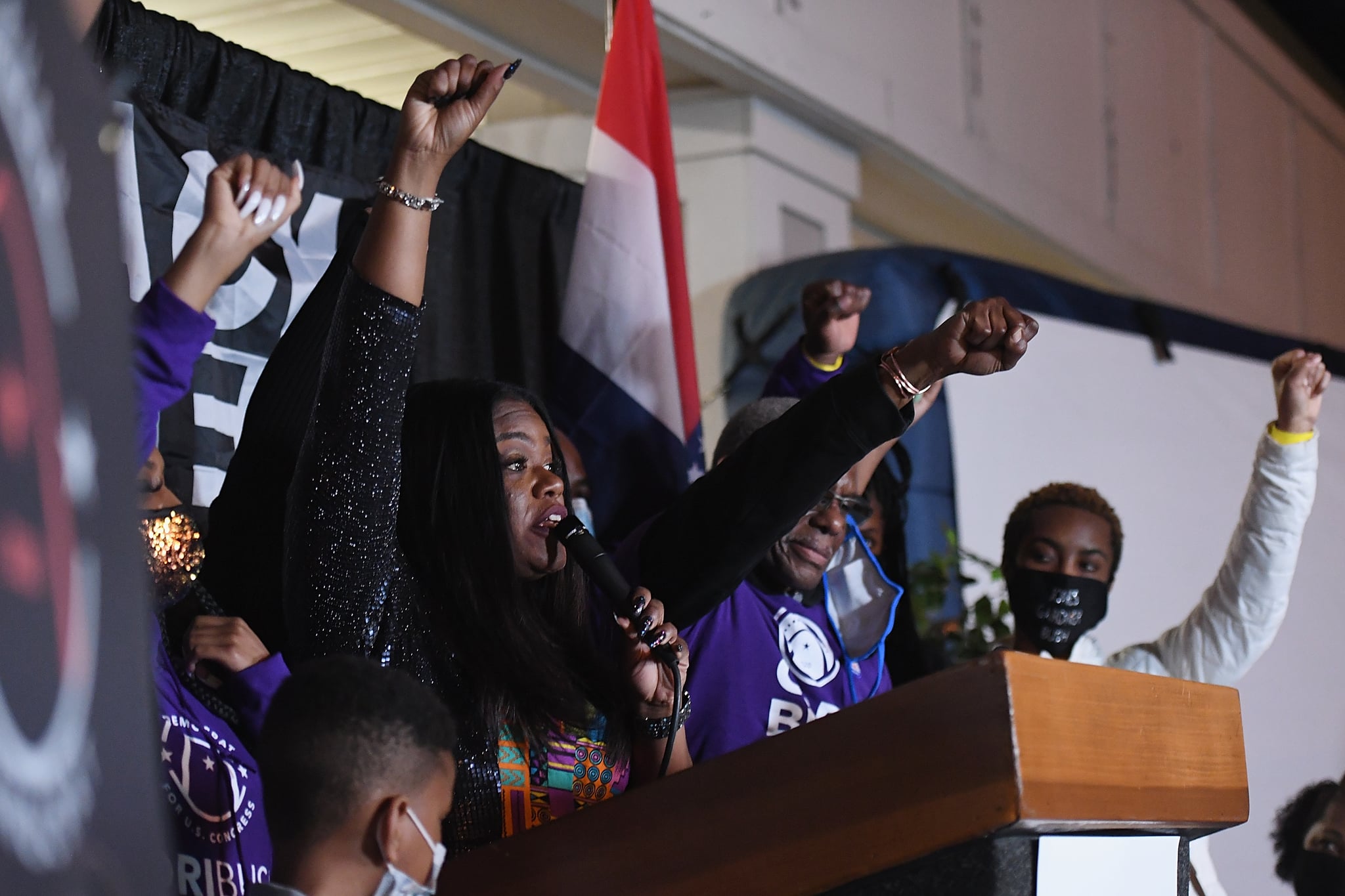 ST. LOUIS, MO - NOVEMBER 03: Congresswoman-elect Cori Bush speaks during her election-night watch party on November 3, 2020 at campaign headquarters in St. Louis, Missouri. With tonight's victory, the Democrat Bush becomes the first African-American woman to be elected to Congress from the state of Missouri. (Photo by Michael B. Thomas/Getty Images)