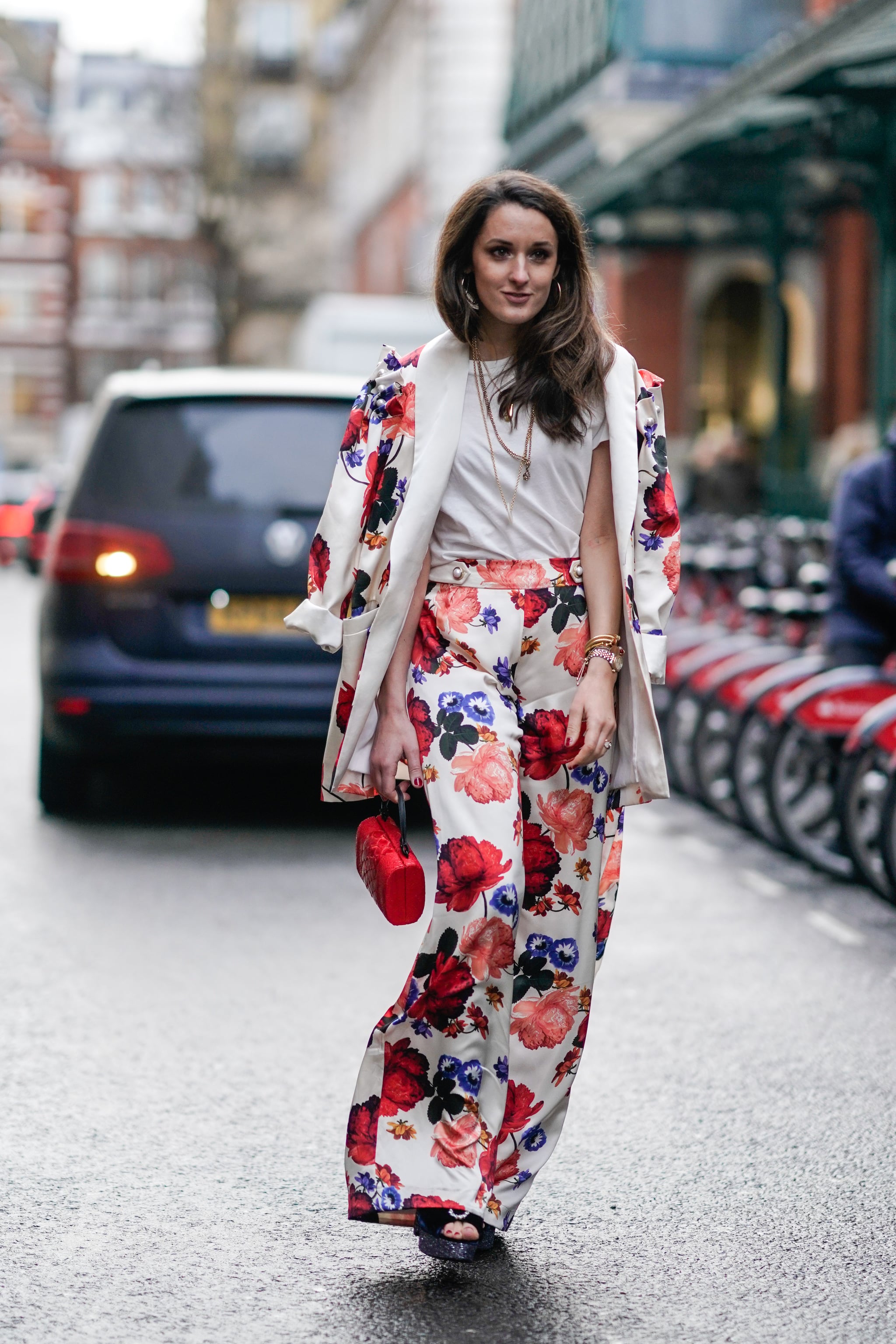 Work Outfit Idea: Miroslava Duma In Blue Wide-Leg Pants And Peplum