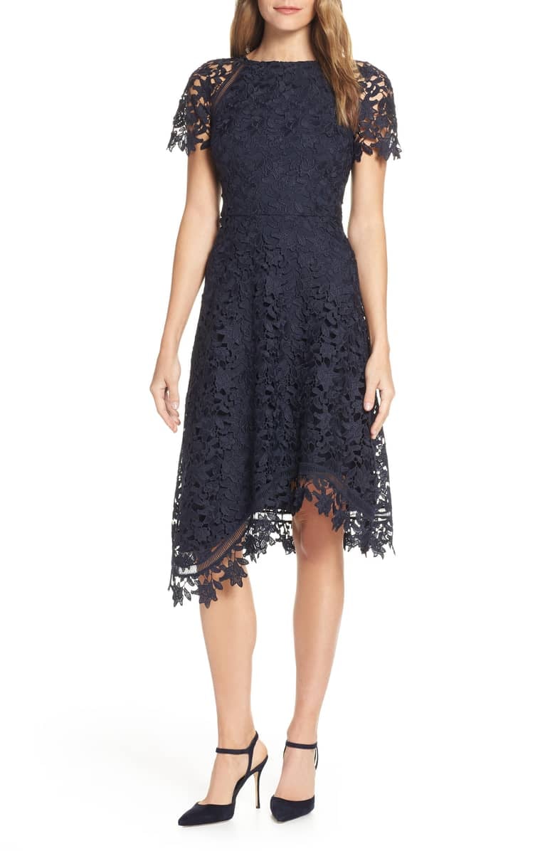 Asymmetrical lace fit & flare dress eliza j discount