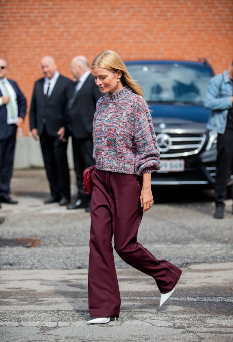 Fall Outfit Idea: Sweater + Flared Pants + White Heels