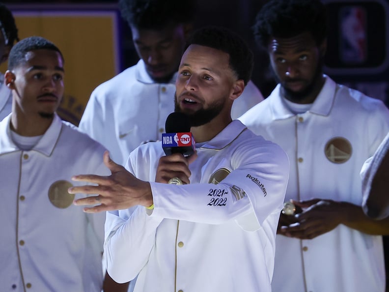 SAN FRANCISCO, CA - OCTOBER 18: Stephen Curry of Golden State Warriors speaks at the Champions Ring Night Ceremony before NBA game between Golden State Warriors and Los Angeles Lakers at the Chase Center on October 18, 2022 in San Francisco, California, U
