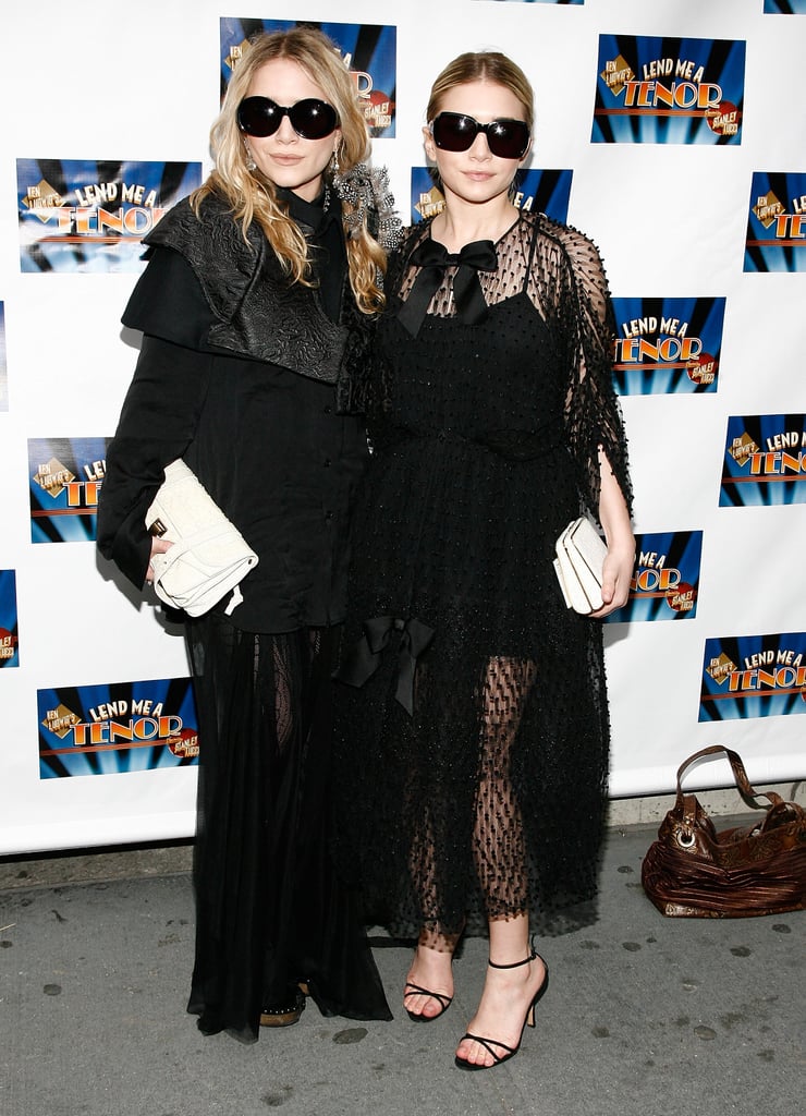 Twinning combo: The girls coordinated more than their sheer monochromatic ensembles, both opting for white clutches and blackout shades for the Broadway opening of Lend Me a Tendor in April 2010.

Mary-Kate worked a dual-textured coat over her sheer-overlay dress, then added a pop of flair via a white Proenza Schouler clutch.
Ashley embraced her girlie side in a sheer-overlay dress with bow details and dainty ankle-strap sandals.
