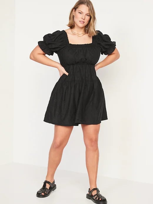 Puff-Sleeve Tiered Smocked Embroidered Mini Swing Dress