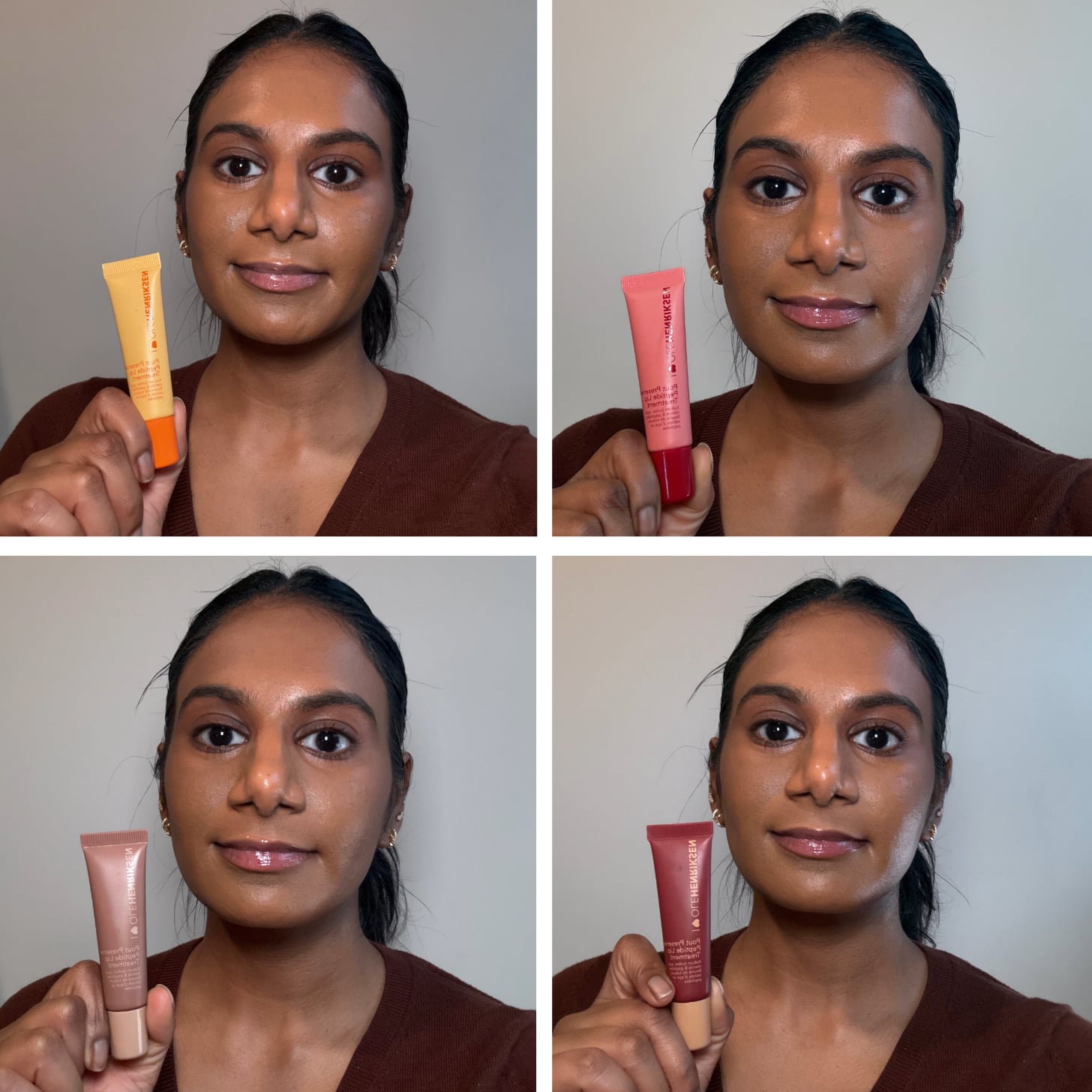 Woman trying on the four core Ole Henriksen Pout Preserve Peptide Lip Treatment shades.