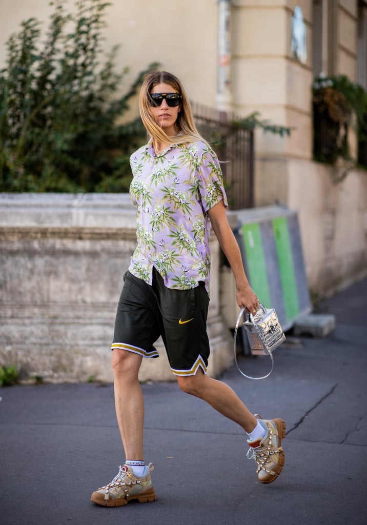 quirky button-down and dad sneakers 