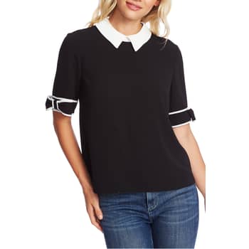 CeCe Short Sleeve Ruffle Trimmed Peter Pan Collar Tie Neck Blouse