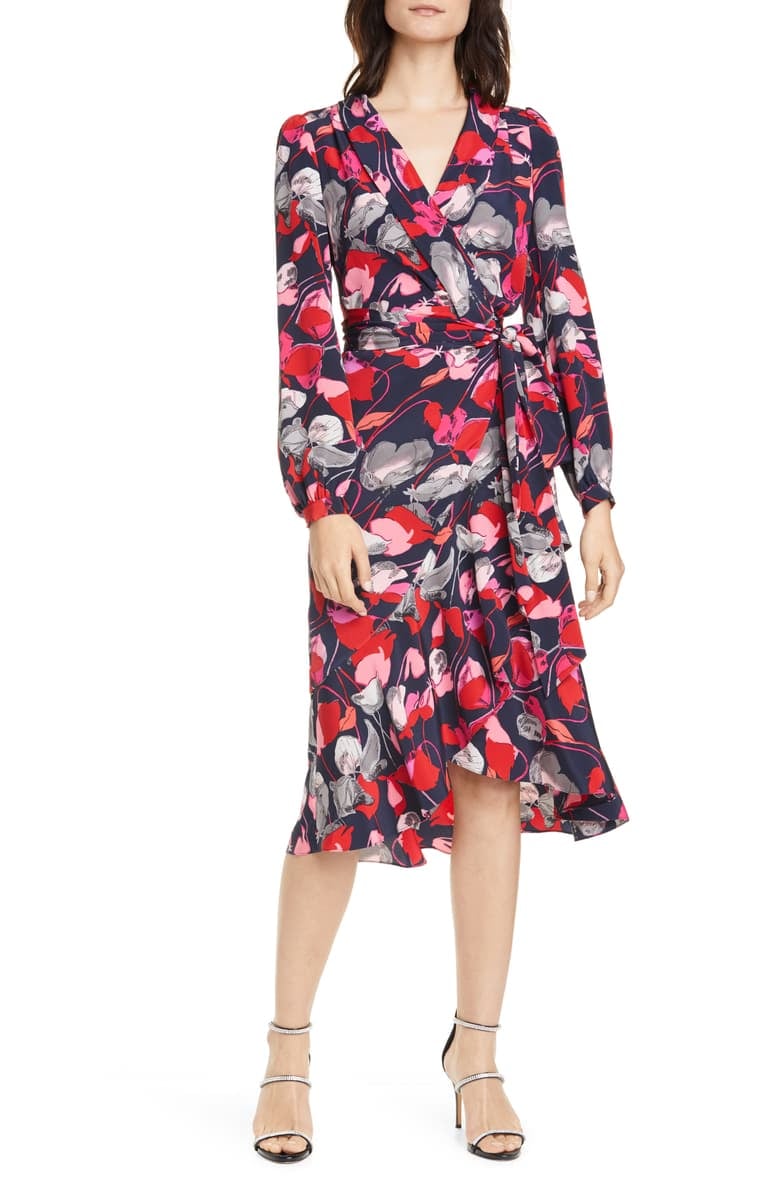 DVF Carla Two Floral Long Sleeve Silk Wrap Dress