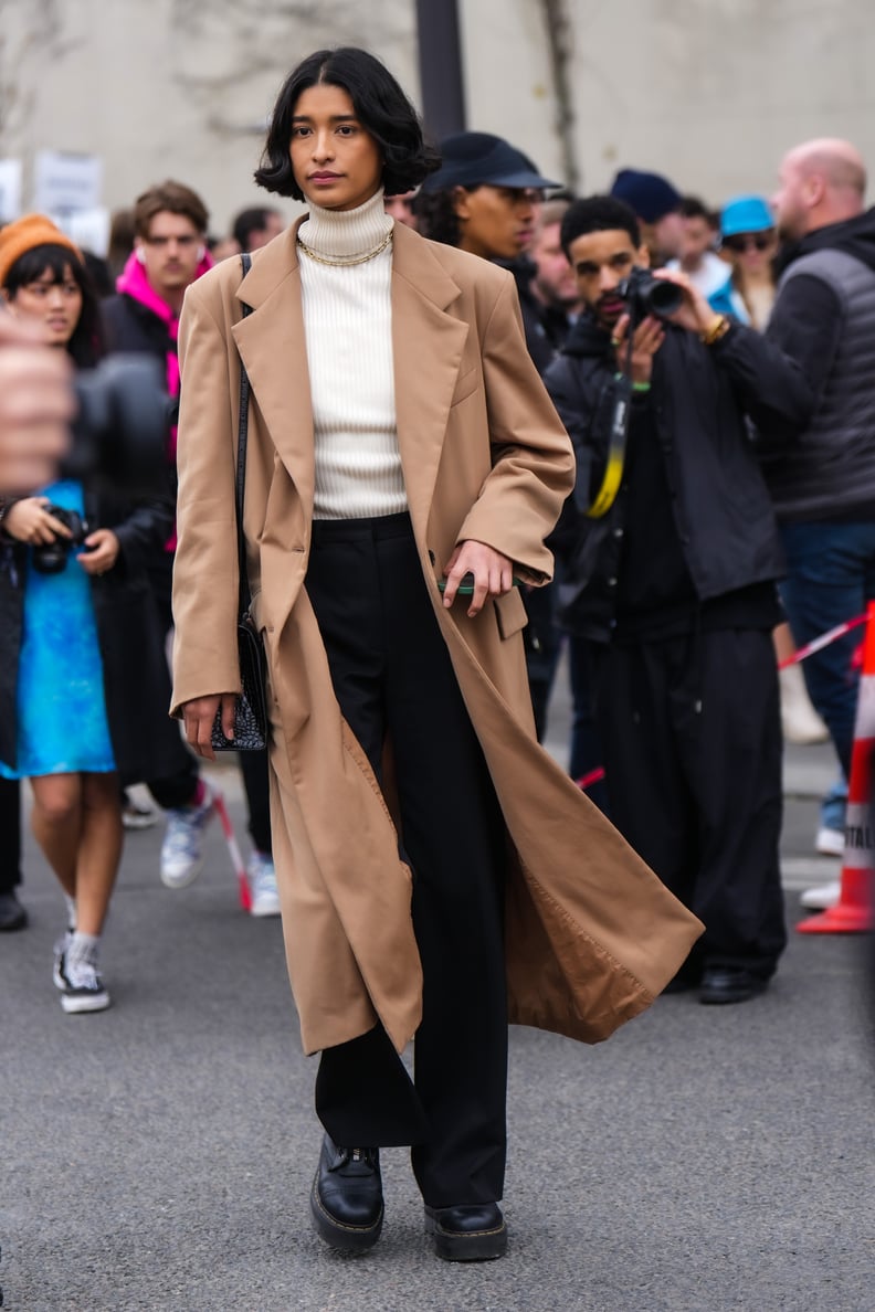 Neutral Trench, Turtleneck, Black Trousers, and Doc Martens
