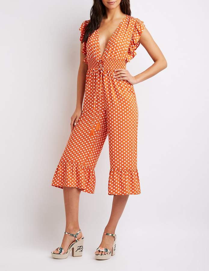 Charlotte Russe Polka Dot V-Neck Smocked Jumpsuit