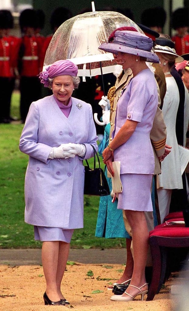 The fierce females match in purple as they attend the unveiling of the Canada memorial monument in Green Park in 1994.