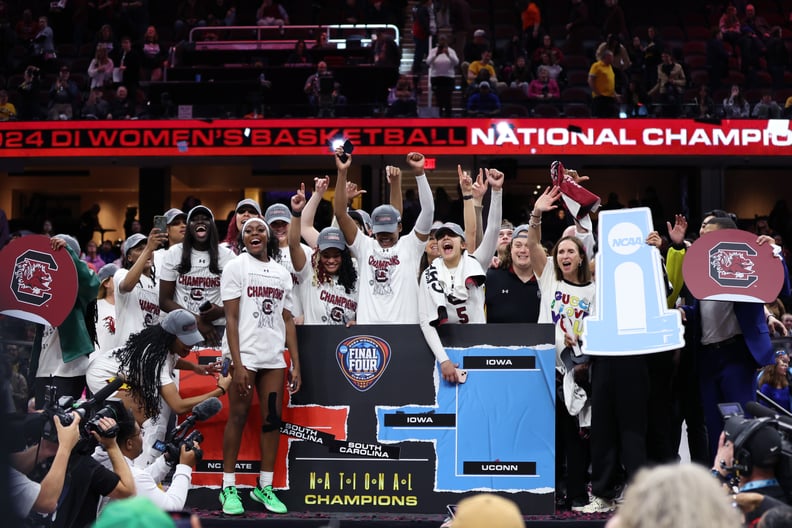 CLEVELAND, OHIO - APRIL 07: The South Carolina Gamecocks celebrate after beating the Iowa Hawkeyes in the 2024 NCAA Women's Basketball Tournament National Championship at Rocket Mortgage FieldHouse on April 07, 2024 in Cleveland, Ohio. South Carolina beat