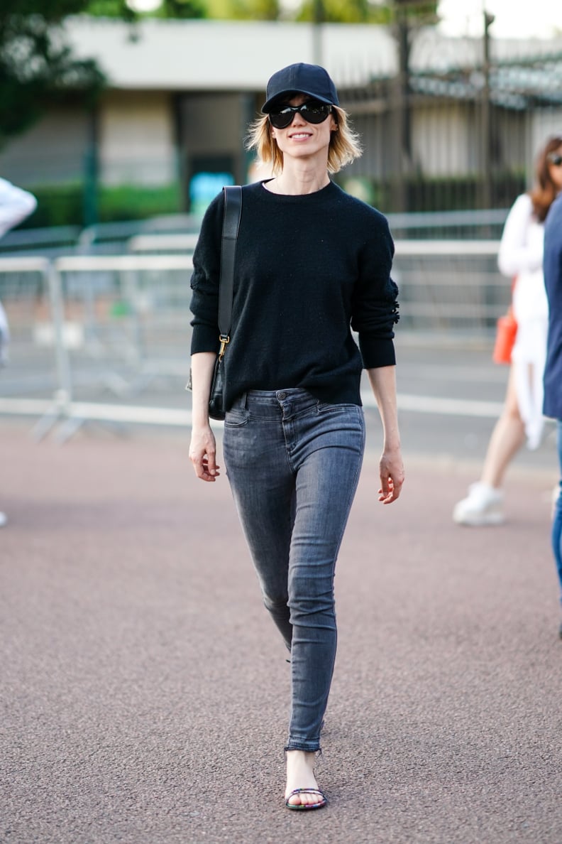 Balance Acid-Wash Skinnies With a Neutral Sweater and Multicolor Sandals