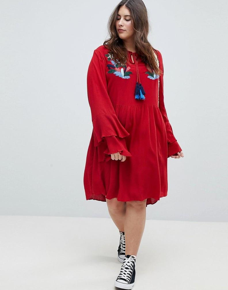 Glamorous Curve Smock Dress With Tiered Sleeve And Embroidery