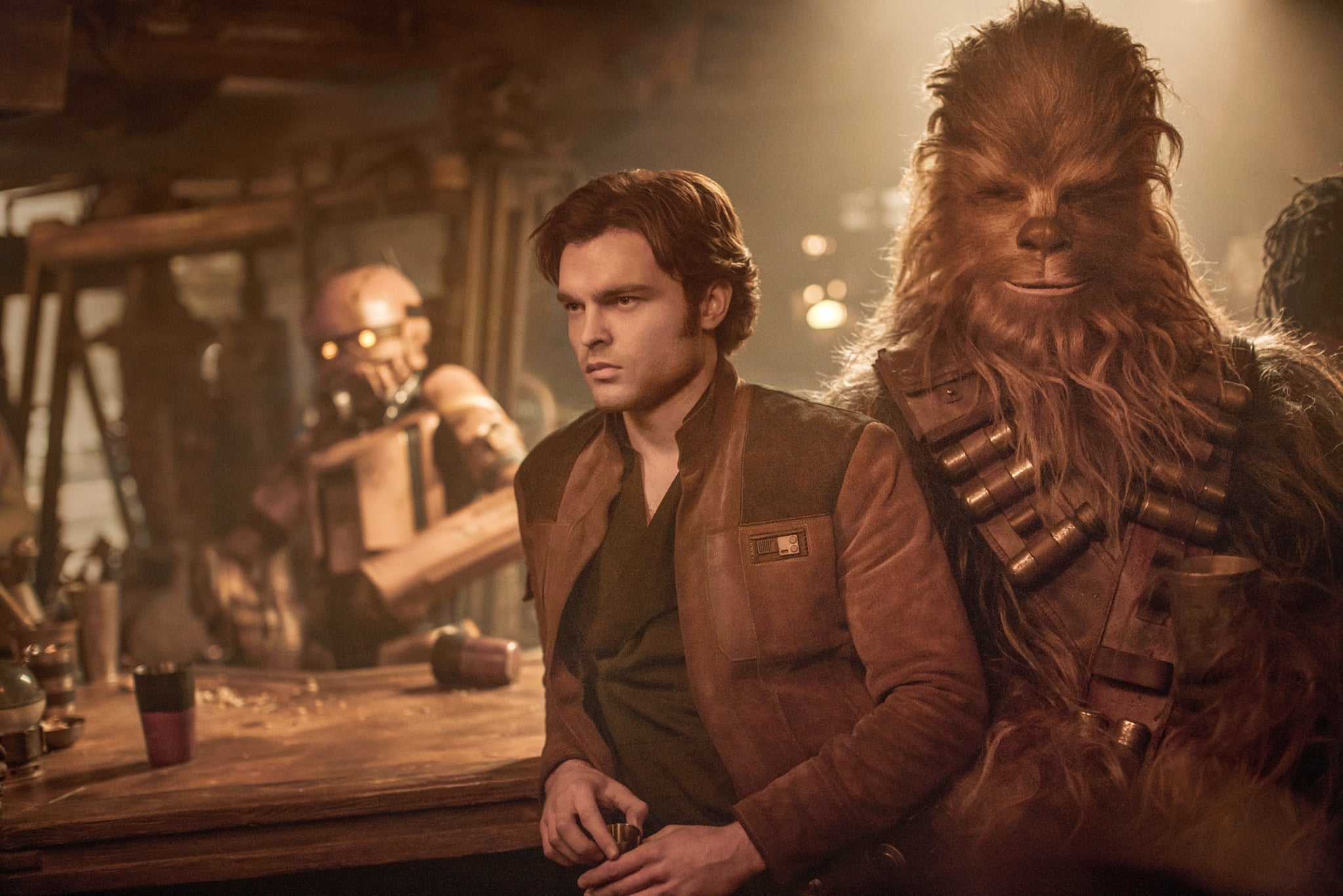 SOLO: A STAR WARS STORY, from left: Alden Ehrenreich as Han Solo, Joonas Suotamo as Chewbacca, 2018. ph: Jonathan Olley / Lucasfilm/  Walt Disney Studios Motion Pictures /Courtesy Everett Collection