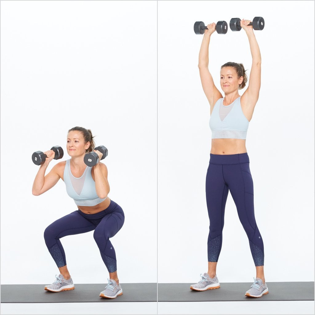 Superset 1, Exercise 1: Dumbbell Squat Press, Burn Some Serious Calories  With This High Intensity, Total-Body Workout