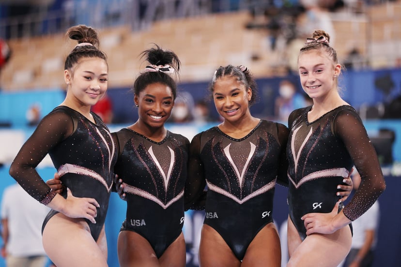 TOKYO, JAPAN - JULY 22: Sunisa Lee, Simone Biles, Jordan Chiles and Grace McCallum of Team United States pose for a photo during Women's Podium Training ahead of the Tokyo 2020 Olympic Games at Ariake Gymnastics Centre on July 22, 2021 in Tokyo, Japan. (P