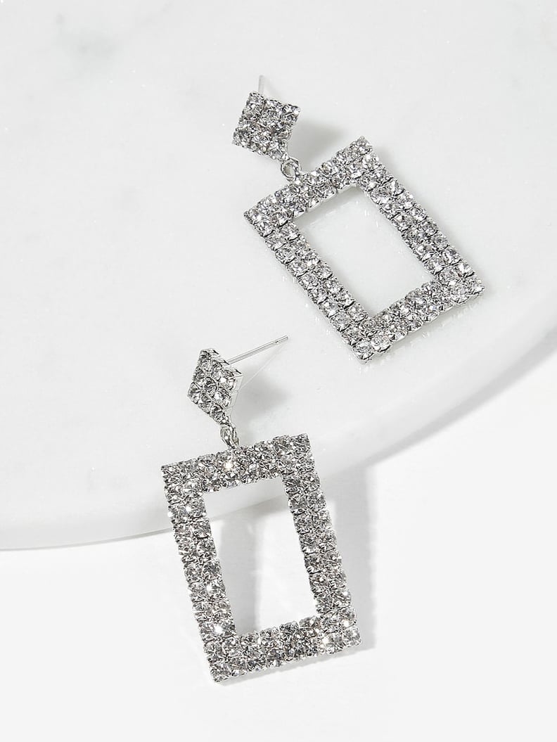 Romwe Open Rhinestone Rectangle Drop Earrings