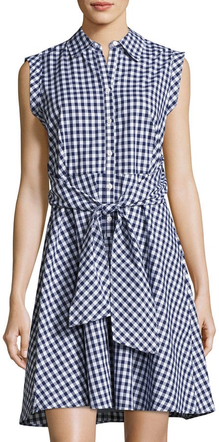 Neiman Marcus Collared Tie-Waist Gingham Dress