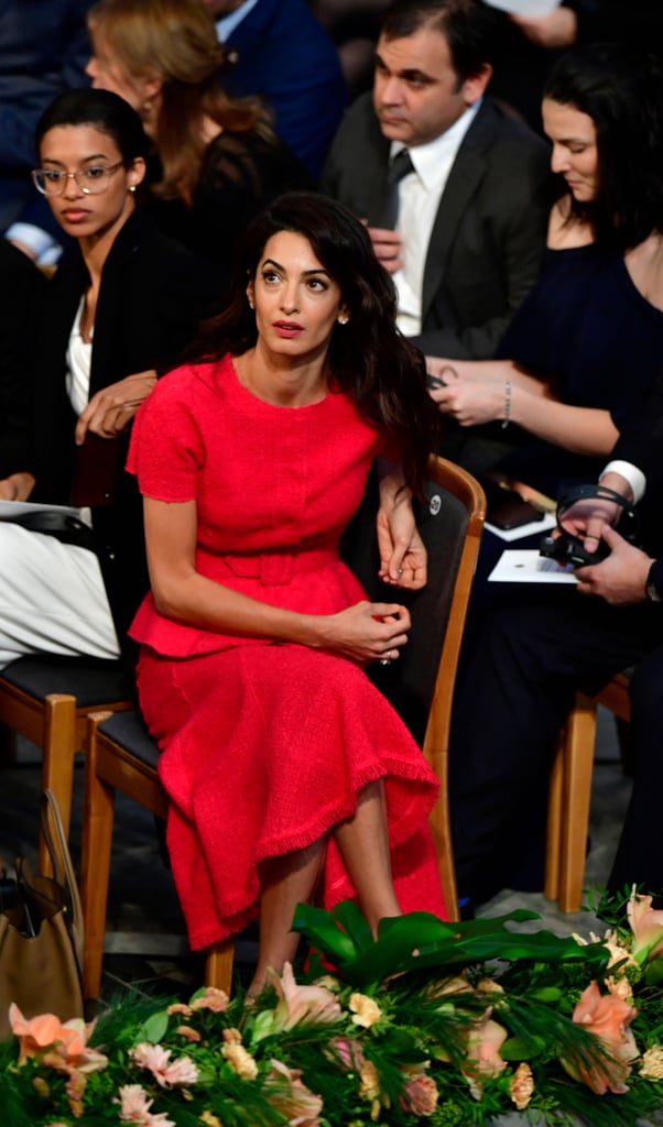 Amal Clooney Red Outfit at Nobel Peace Prize Ceremony 2018
