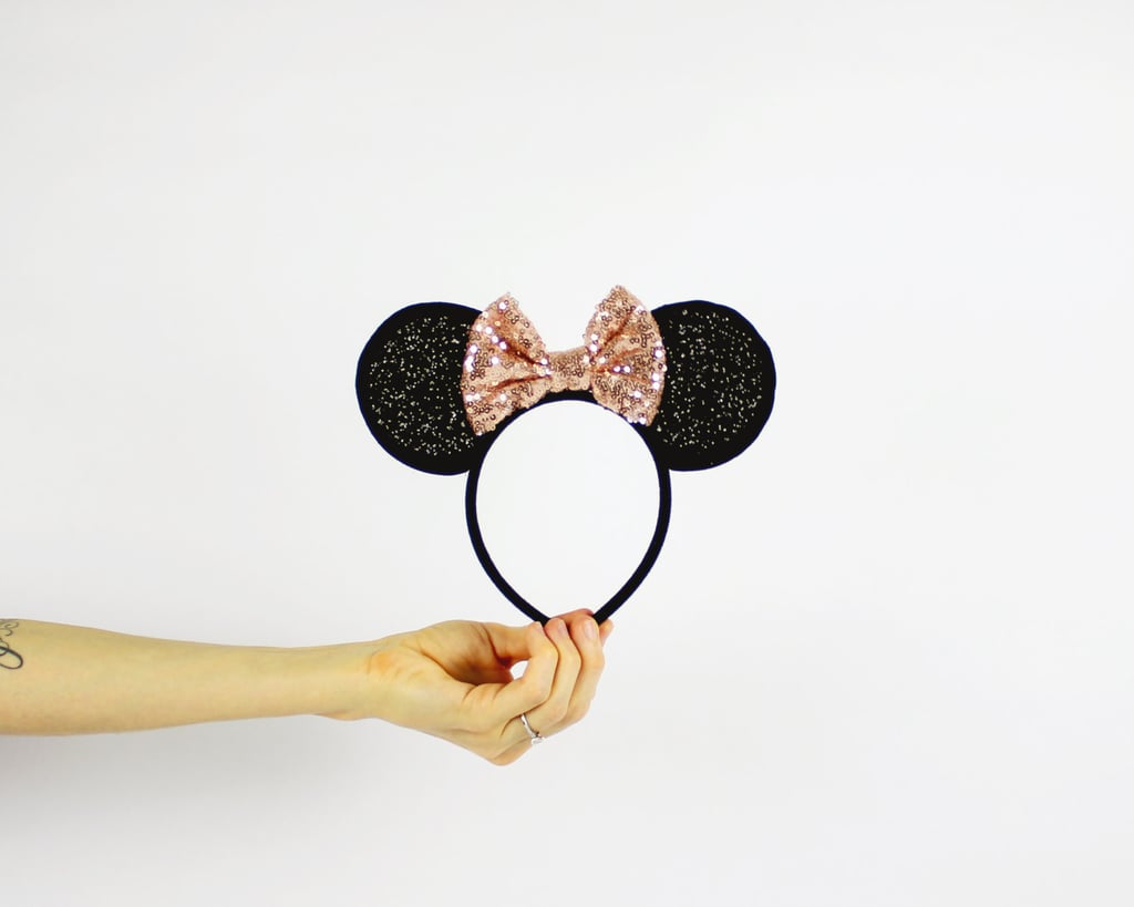 Minnie Mouse Ears Headband With Rose Gold Glitter Bow ($10)