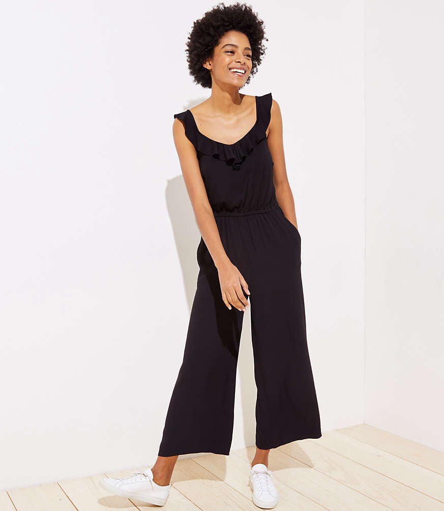 Loft Ruffle Neck Mixed Media Jumpsuit