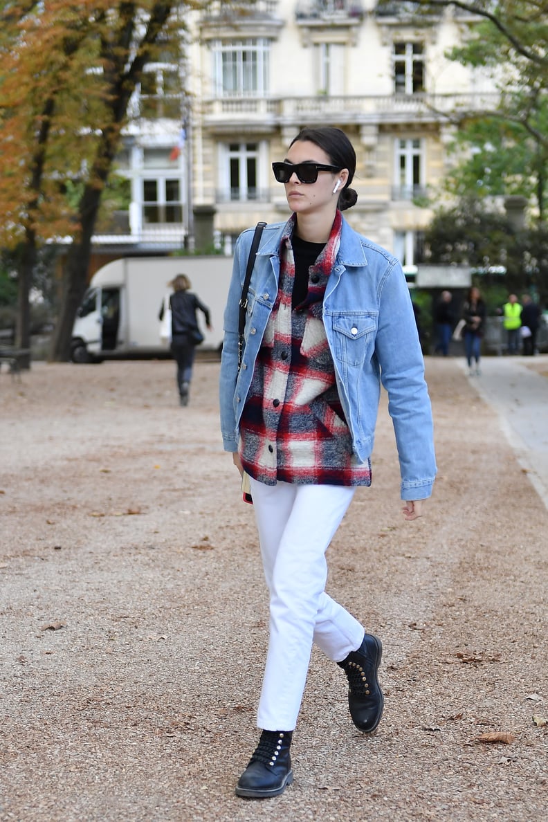 Vittoria Ceretti Looked Cool Leaving the Alexander McQueen Show in a Plaid Shirt and Denim Jacket